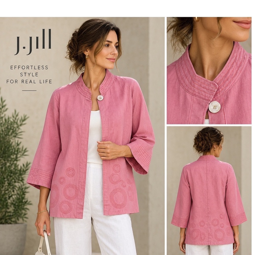 Womens Small J Jill Jacket Pink Tencel Lyocell Embroidered Mock Neck Boho Art S